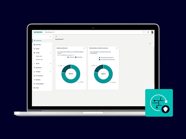 A laptop shows a Siemens dashboard with two pie charts on baseline adherence and vulnerability monitoring, alongside a security-themed icon.