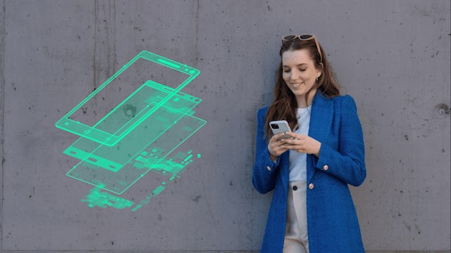 Woman on a mobile device next to an exploded rendering of mobile phone.