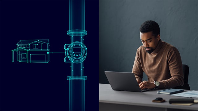 Man looking at computer with visualization of house and water meter.