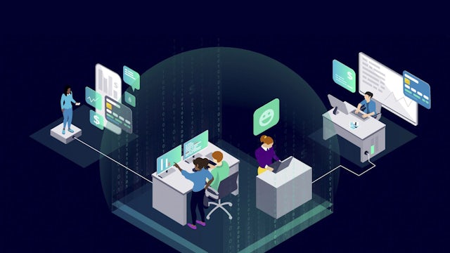 Illustrated workers using Gridscale X Prepay’s account management solutions in various office locations. 