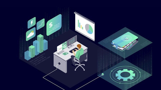 Illustrated man at computer with projected dashboards showing Gridscale X Prepay’s digital wallet and payment features 