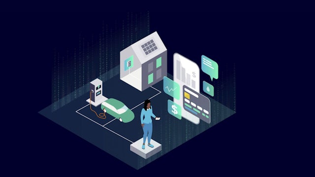 Illustrated woman outside her home with an electric car charging, viewing payment and wallet projections on a smartphone.