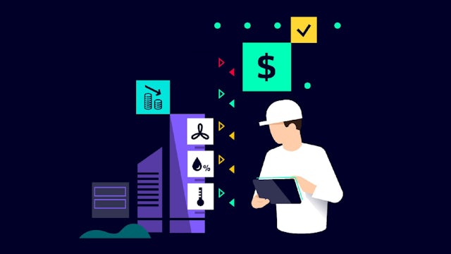 An icon showing a combination of energy cost and air quality with a green background and white text.