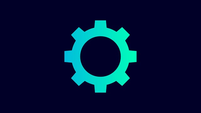 An icon of a gear with a control panel and a person in the background.