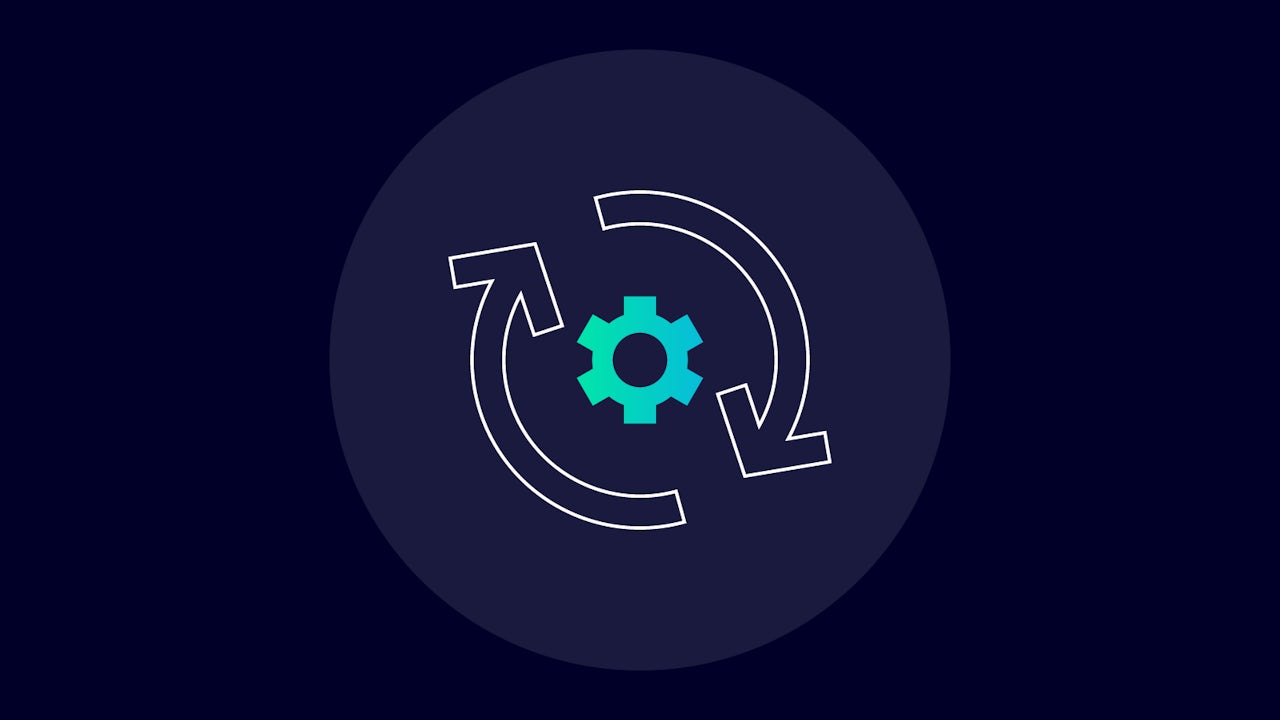 A gear cog surrounded by two arrows forming a circle around it.