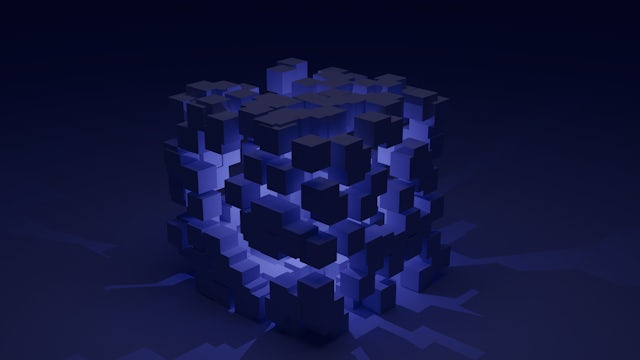 Dark purple cube in pieces with light from within.