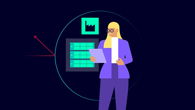 Illustrated employee looks at tablet with data monitoring icons in the background.