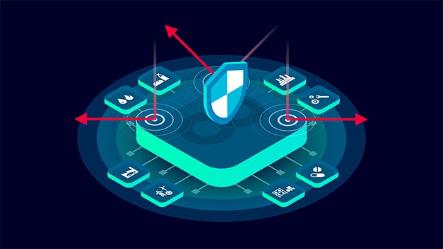 Illustrated shield deflecting red arrows, connected to infrastructure icons, symbolizing cybersecurity protection.