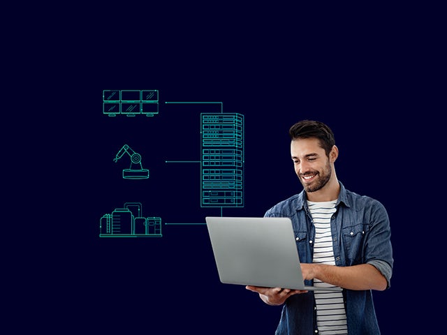 Person using laptop with operations icons connected by lines, representing secure and integrated business operations.