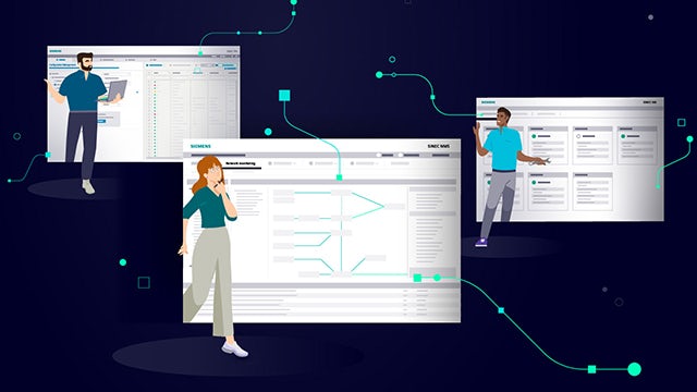 Illustrated workers stand in front of screenshots of Siemens SINEC software family.