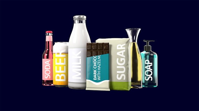 Packaged products: soda, beer, milk, chocolate, sugar, oil, and soap with minimalist labels on a dark blue background.