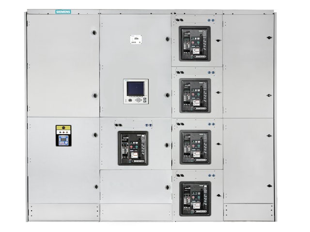 A front view of a Siemens LV switchgear with a connected cable and a control panel. 