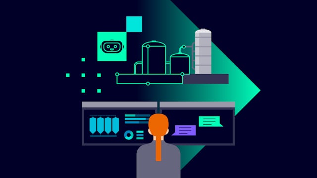 An illustration of a digital twin with a robot and a factory in the background.