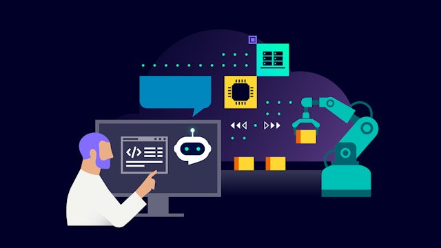 Humanoid robot standing in industrial factory with machinery and mechanical tools nearby