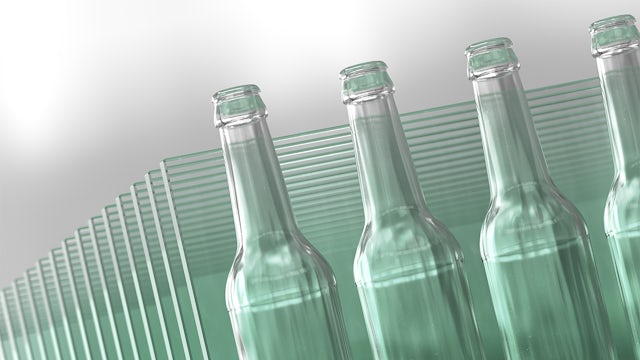 Closeup of glass bottles and glass panels.