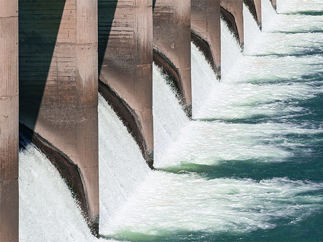 Water dam data management visualization with grid pattern and digital monitoring meter