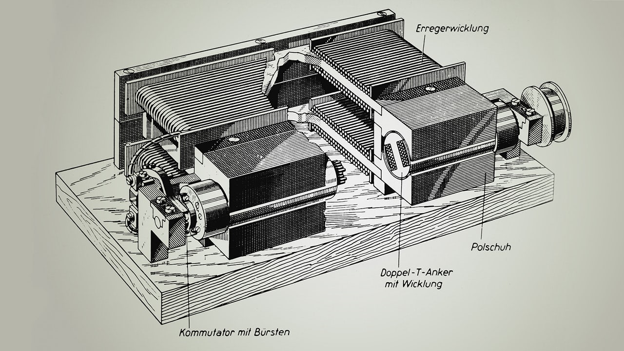 Structure and cross-section of the dynamo machine, 1866.</br>