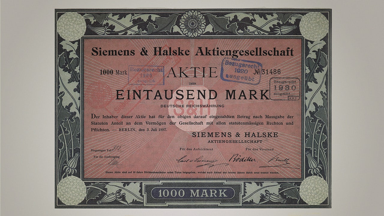First share of Siemens & Halske AG, 1897.</br>