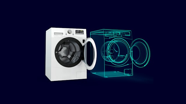 A digital twin of a washing machine is displayed on a screen with various icons and text.