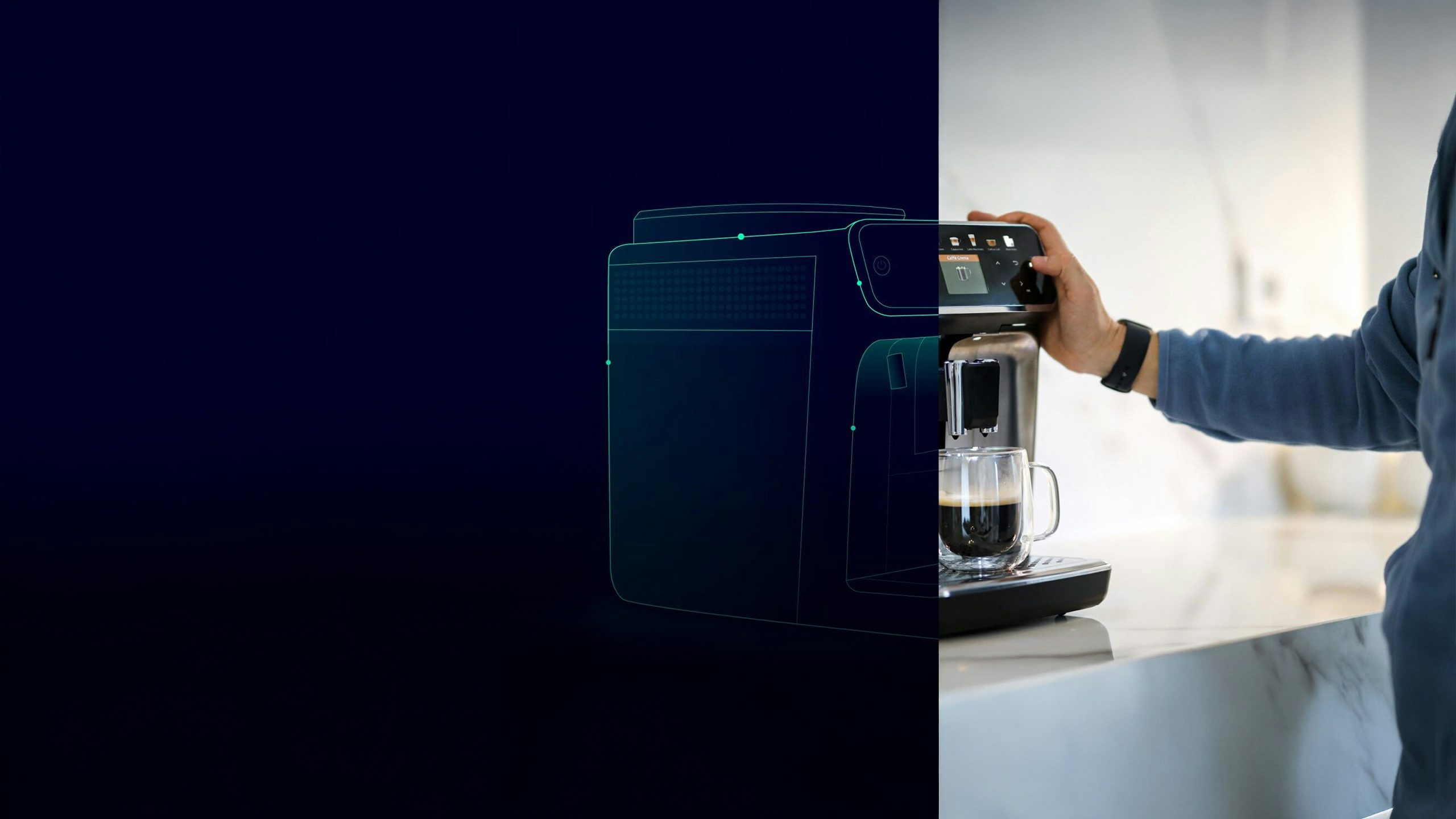 Person touching a button on an espresso machine with visualization of digitalization.