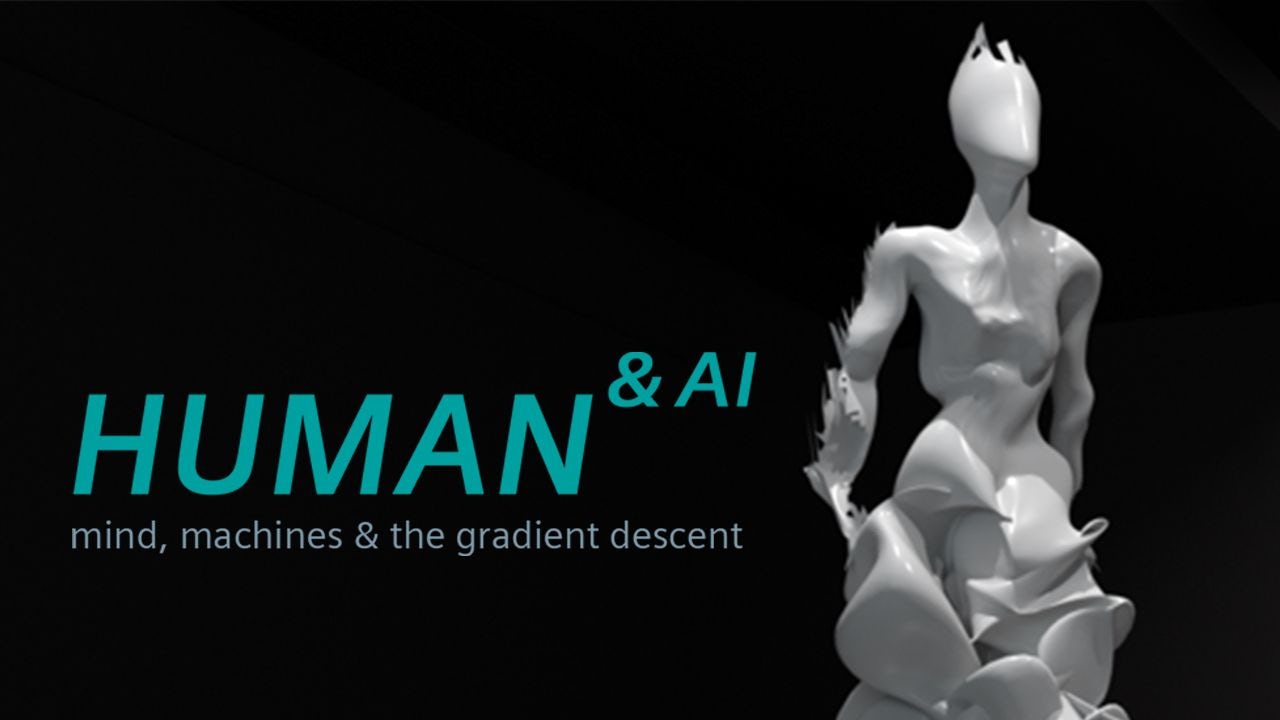A statue of a human on the right with the words, 'Human and AI: Mind, Machines, and the Gradient Descent.'