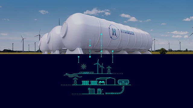 A digital twin visualization of a hydrogen fuel cell system with various components and data points displayed.