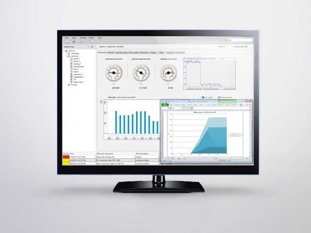 The powermanager power monitoring software displays status information and electrical characteristics in a clearly-arranged dashboard and analyzes energy flows.
