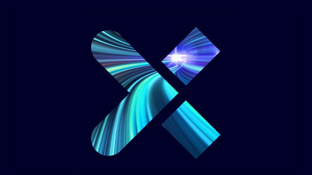 The letter "X", an abstract blue swirl design is inlaid into the letter.