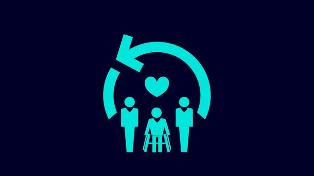 A person with a wheelchair is shown in a blue circle with a white outline, symbolizing inclusion and accessibility.