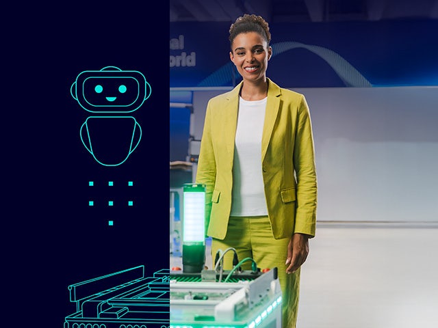 Split-screen banner showing a digital AI robot graphic on the left and a professional woman in a green suit standing beside industrial automation equipment on the right, representing Industrial AI in manufacturing