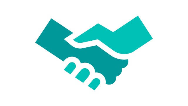 Teal icon of two stylized hands shaking.
