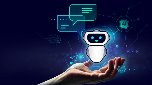 A stylized chatbot icon hovering above an outstretched hand, surrounded by digital interface elements such as speech bubbles, AI symbols, and network graphics on a dark futuristic background.