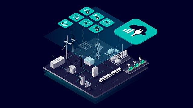 Futuristic cityscape illustration with connected devices, electric vehicles, and renewable energy sources