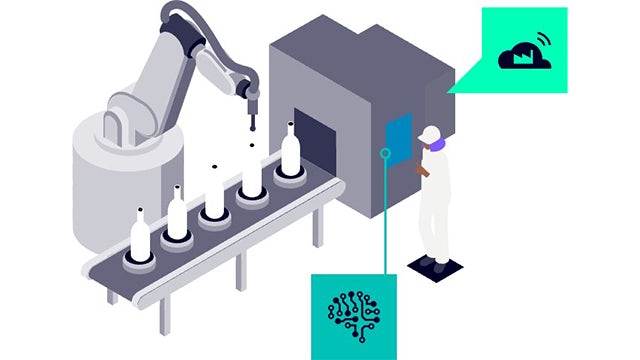 An illustration of a worker on a bottle manufacturing line that is powered with smart technology.