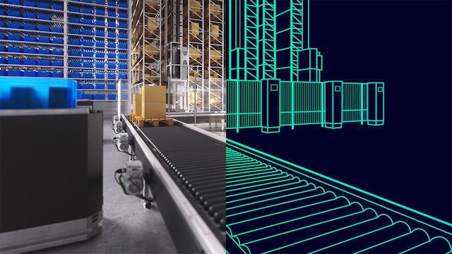 A conveyor belt system in an industrial setting with a person operating a machine.