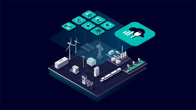 An illustration of Electrification X smart products overlaid on top of a power plant.