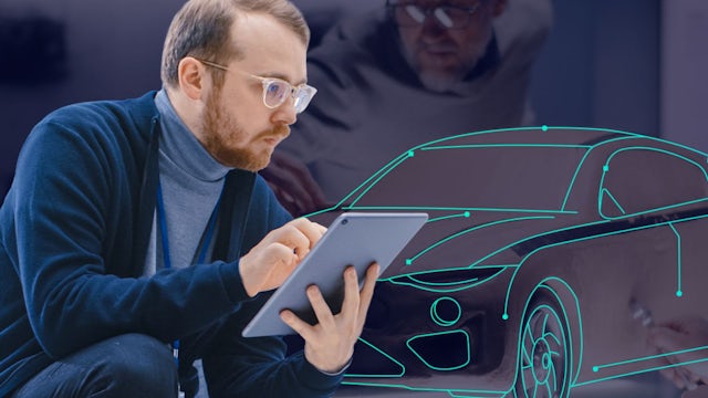 A digital twin platform with a futuristic interface and a person in the background. 