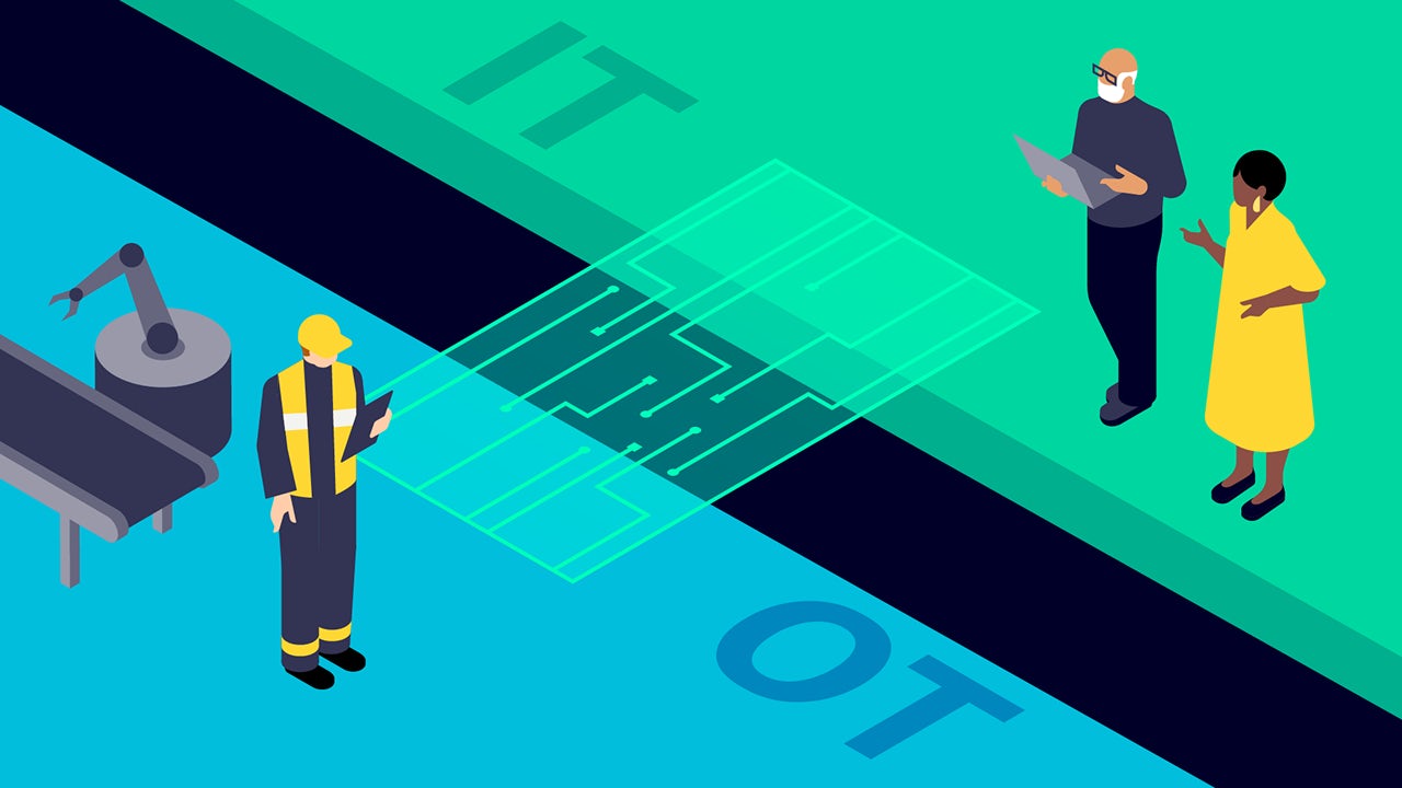 Diagram showing IT and OT infrastructure connected by a bridge, representing integrated management systems