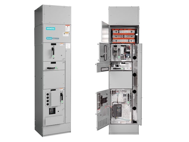 An image of a Siemens MCC arc-resistant product with a blue and white color scheme. 