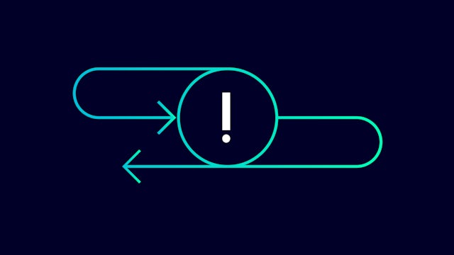 Icon featuring curving bidirectional arrows with an exclamation at the center of a circle.