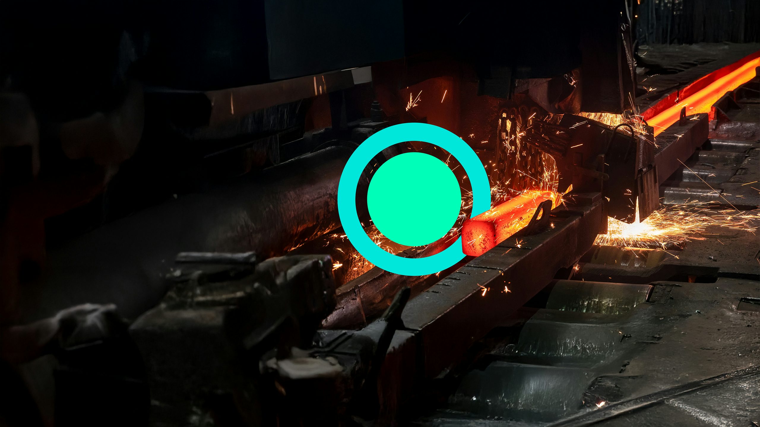 Blade cuts through molten metal in a forge.