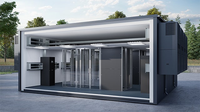 The image shows a modular data center with a Siemens CADolto Legrand press release feature.