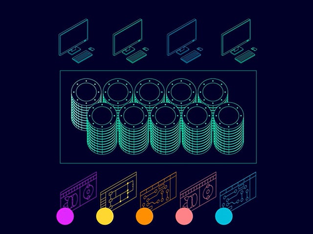 Colorful geometric shapes with overlapping circles and lines on a dark background