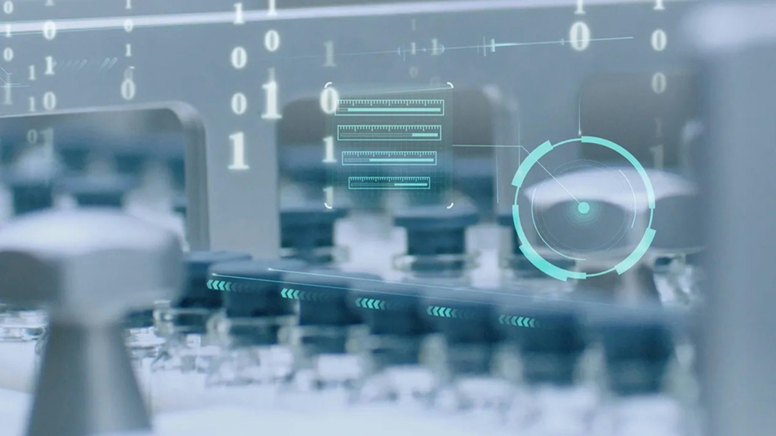 Vials on a production line with digital data overlay.