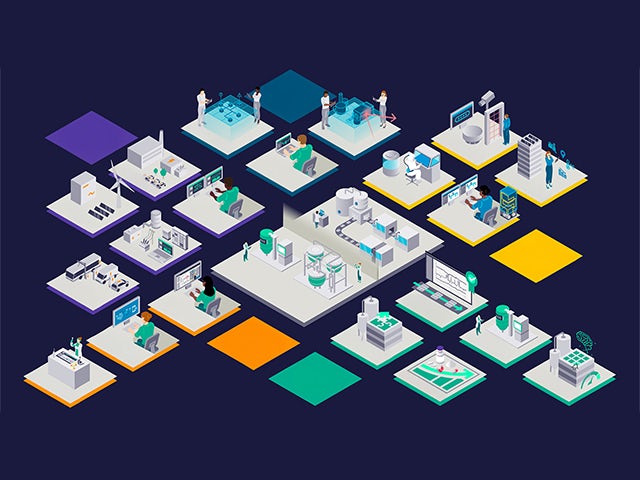 Digital medical interface with scientific icons representing pharmaceutical research and technology.