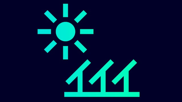 Icon with sun and solar panels.