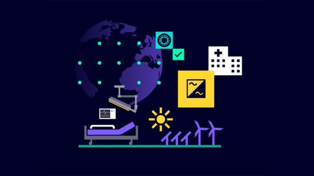 A power infrastructure resilience image featuring a power plant with a large turbine and a transmission tower.