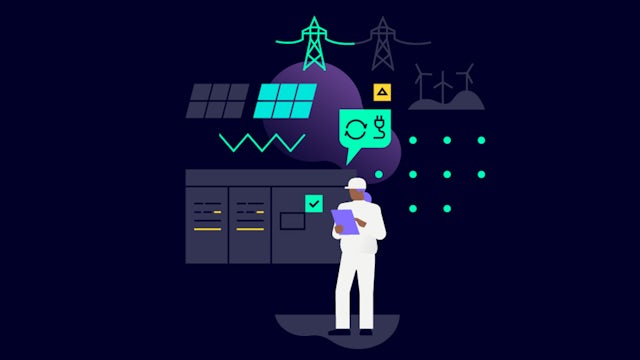 Graphic representation of a person looking at a tablet in a power station setting