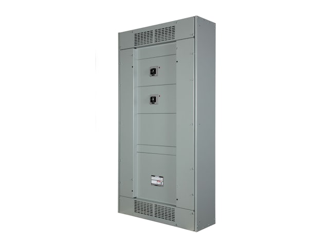 A tall, gray industrial electrical cabinet with ventilation grilles and two visible black switches on its front panels.