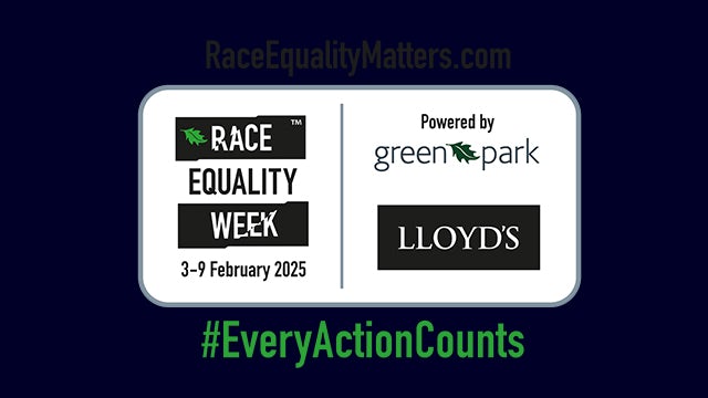 A poster for Race Equality Week in the UK featuring a diverse group of people standing together.